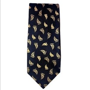 Metropolitan View Isaac Zelcher navy blue & cream textured silk sailboat tie 4”